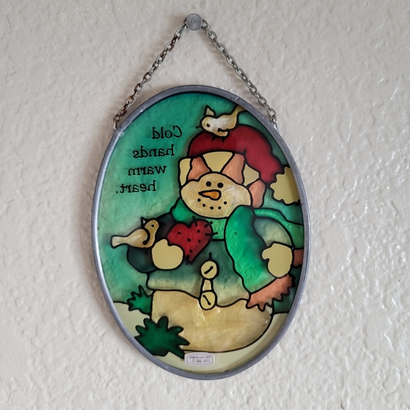 Vintage Stained Glass "Cold Hands Warm Heart" Christmas Sun Catcher 4.5" - Picture 2 of 9